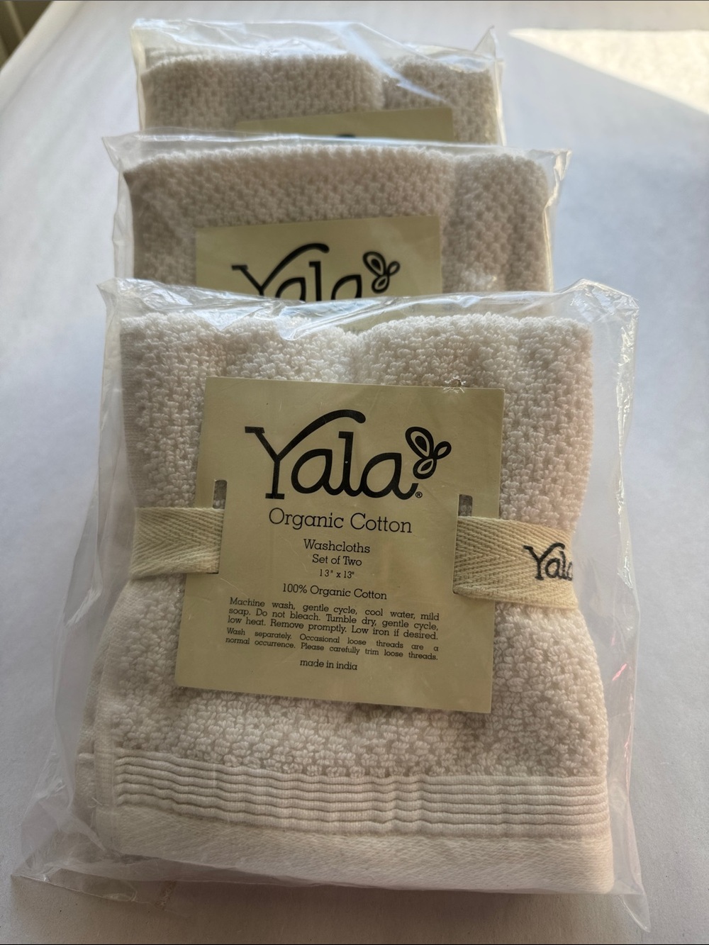 NWT 6 Yala Organic Cotton Washcloths Terrycloth Soft plush Cream 13’X13’